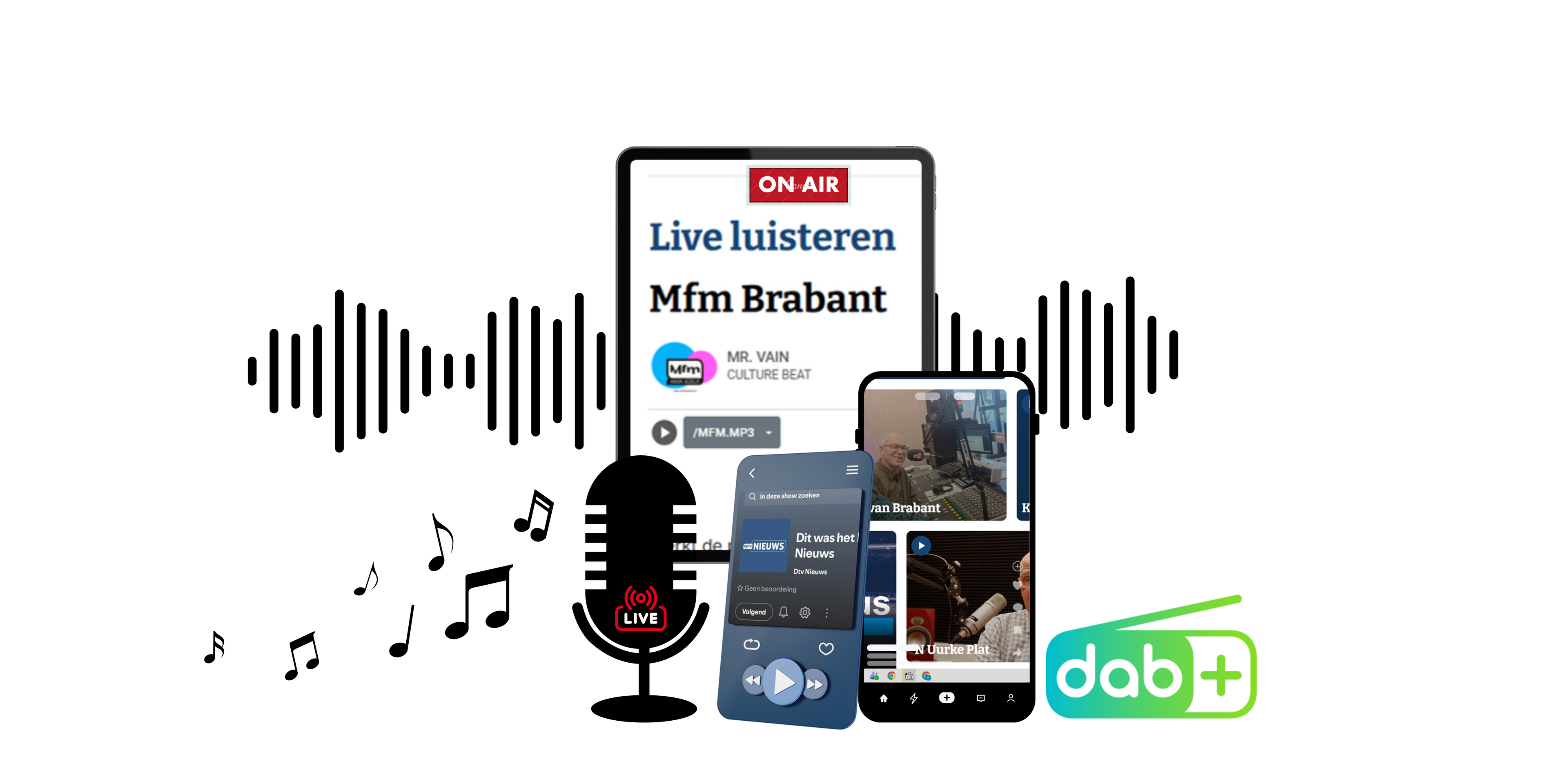 Mockup van MFM-radio, smartphone en DAB+